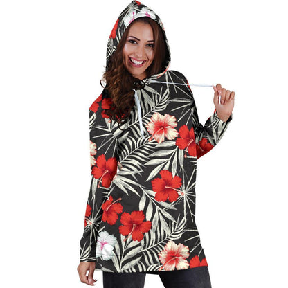 White Tropical Hibiscus Pattern Print Hoodie Dress GearFrost