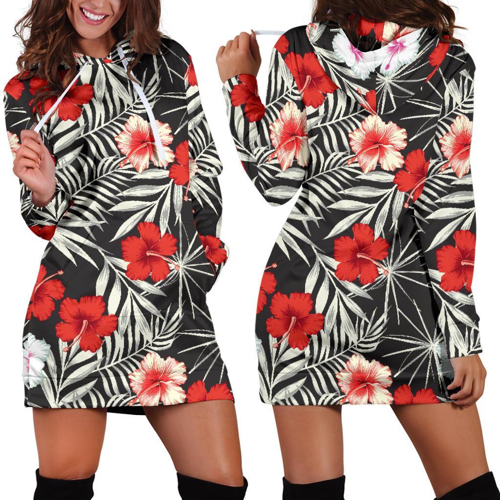 White Tropical Hibiscus Pattern Print Hoodie Dress GearFrost