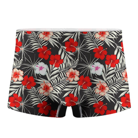 White Tropical Hibiscus Pattern Print Men's Boxer Briefs