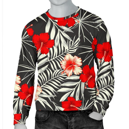 White Tropical Hibiscus Pattern Print Men's Crewneck Sweatshirt GearFrost