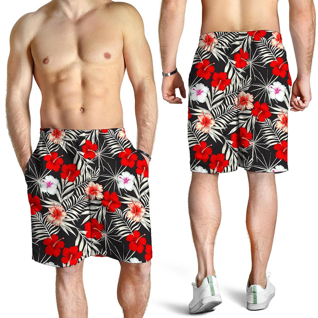 White Tropical Hibiscus Pattern Print Men's Shorts