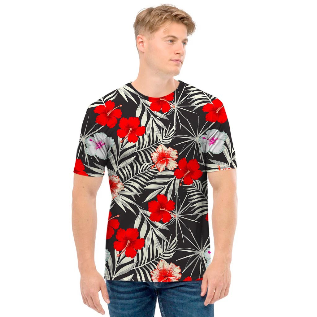 White Tropical Hibiscus Pattern Print Men's T-Shirt