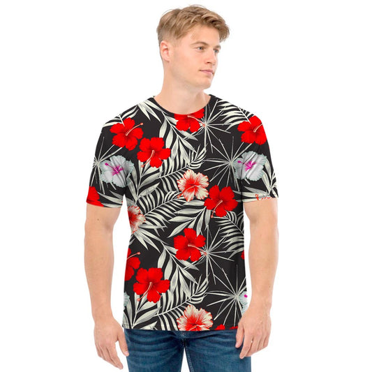 White Tropical Hibiscus Pattern Print Men's T-Shirt