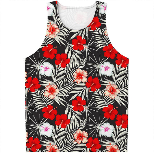 White Tropical Hibiscus Pattern Print Men's Tank Top