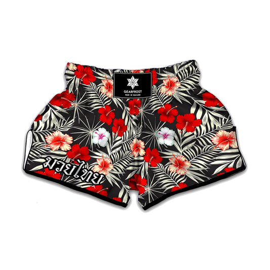White Tropical Hibiscus Pattern Print Muay Thai Boxing Shorts
