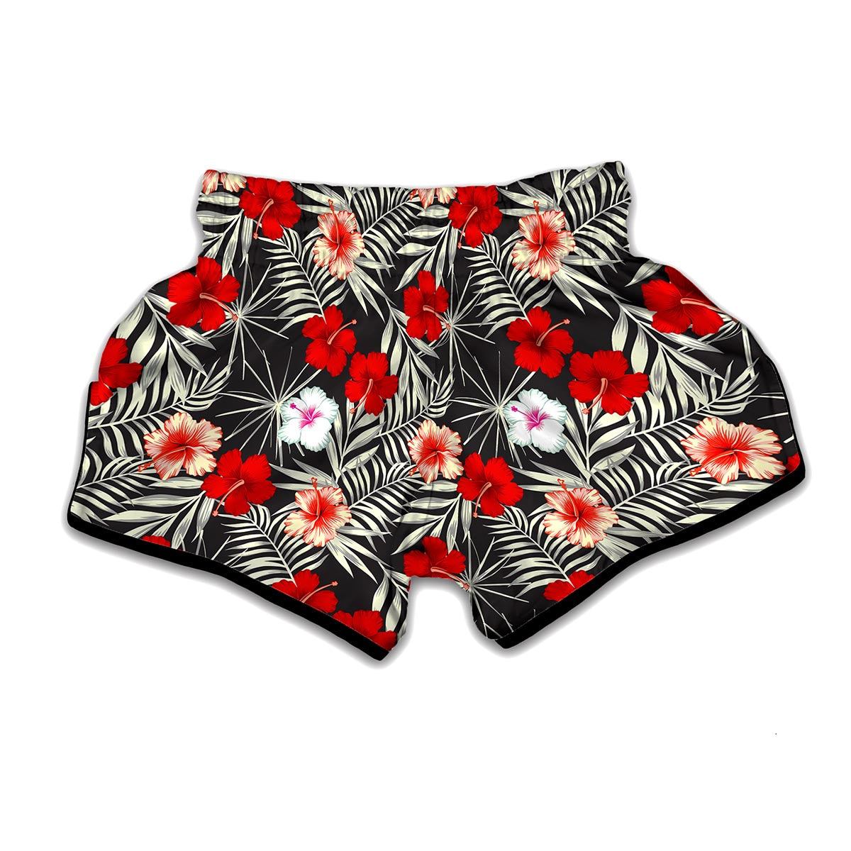 White Tropical Hibiscus Pattern Print Muay Thai Boxing Shorts