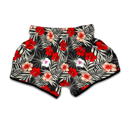 White Tropical Hibiscus Pattern Print Muay Thai Boxing Shorts