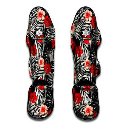 White Tropical Hibiscus Pattern Print Muay Thai Shin Guard