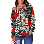 White Tropical Hibiscus Pattern Print Off Shoulder Sweatshirt GearFrost