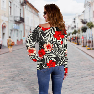 White Tropical Hibiscus Pattern Print Off Shoulder Sweatshirt GearFrost