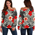 White Tropical Hibiscus Pattern Print Off The Shoulder Sweatshirt