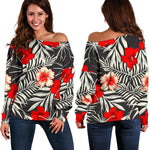 White Tropical Hibiscus Pattern Print Off Shoulder Sweatshirt GearFrost