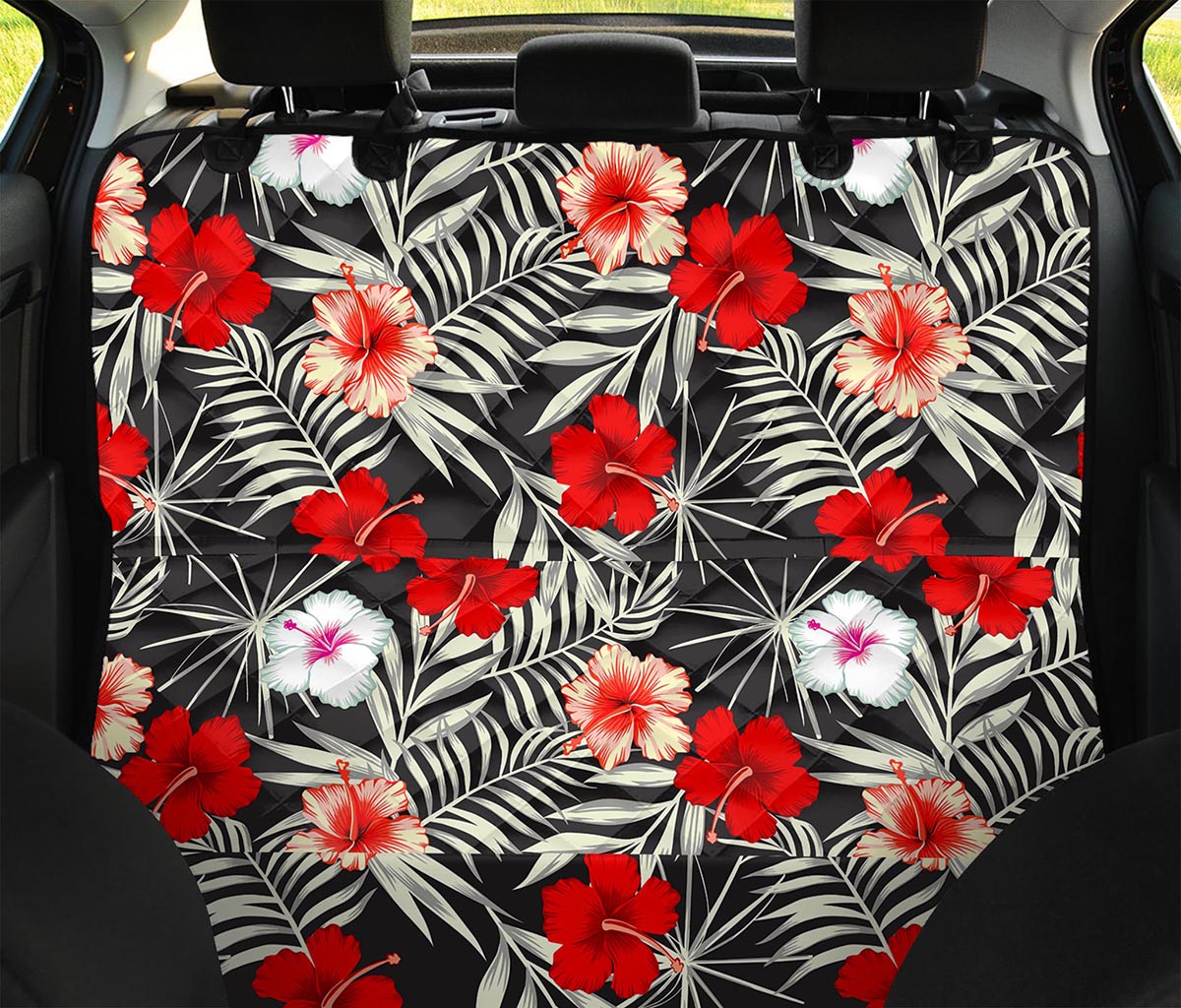 White Tropical Hibiscus Pattern Print Pet Car Back Seat Cover