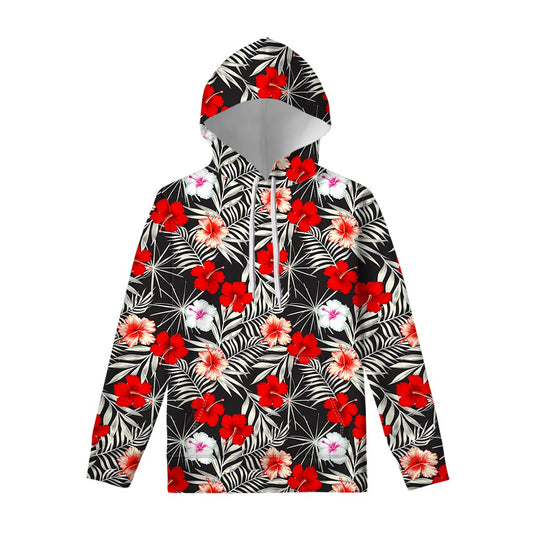 White Tropical Hibiscus Pattern Print Pullover Hoodie