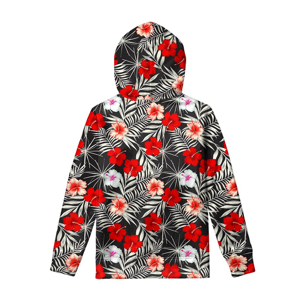White Tropical Hibiscus Pattern Print Pullover Hoodie