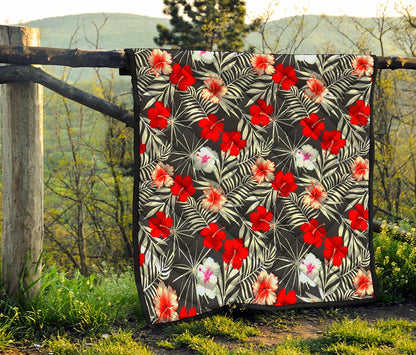 White Tropical Hibiscus Pattern Print Quilt