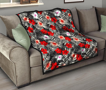 White Tropical Hibiscus Pattern Print Quilt