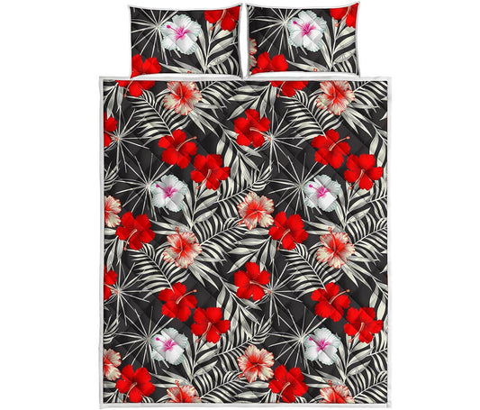 White Tropical Hibiscus Pattern Print Quilt Bed Set