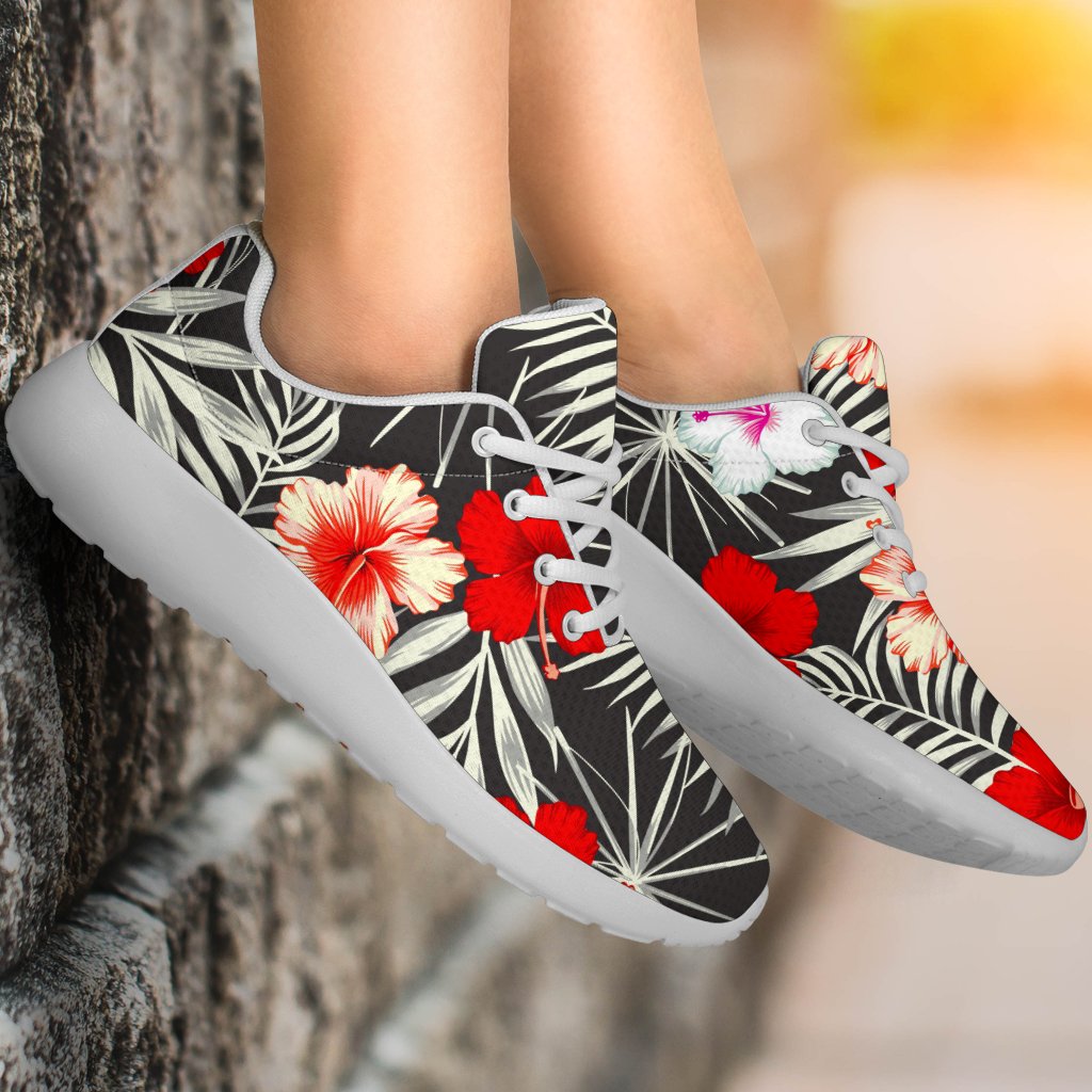 White Tropical Hibiscus Pattern Print Sport Shoes GearFrost