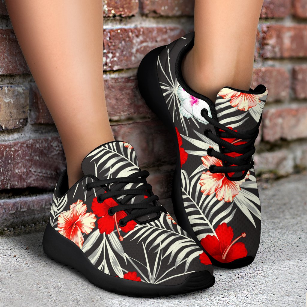 White Tropical Hibiscus Pattern Print Sport Shoes GearFrost