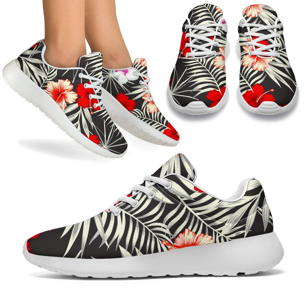 White Tropical Hibiscus Pattern Print Sport Shoes GearFrost