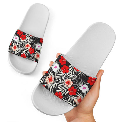 White Tropical Hibiscus Pattern Print White Slide Sandals