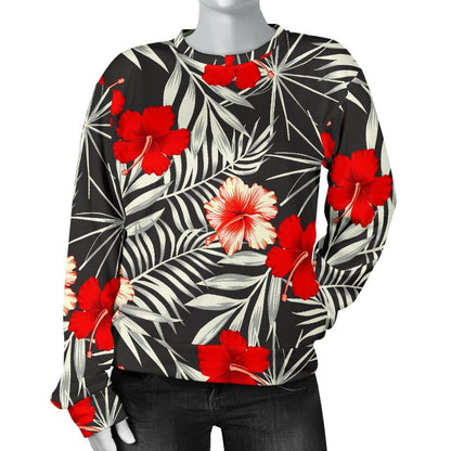 White Tropical Hibiscus Pattern Print Women's Crewneck Sweatshirt GearFrost