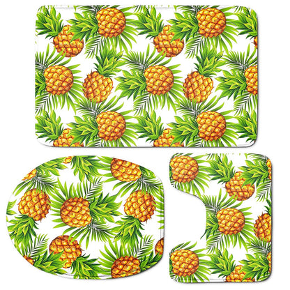 White Tropical Pineapple Pattern Print 3 Piece Bath Mat Set
