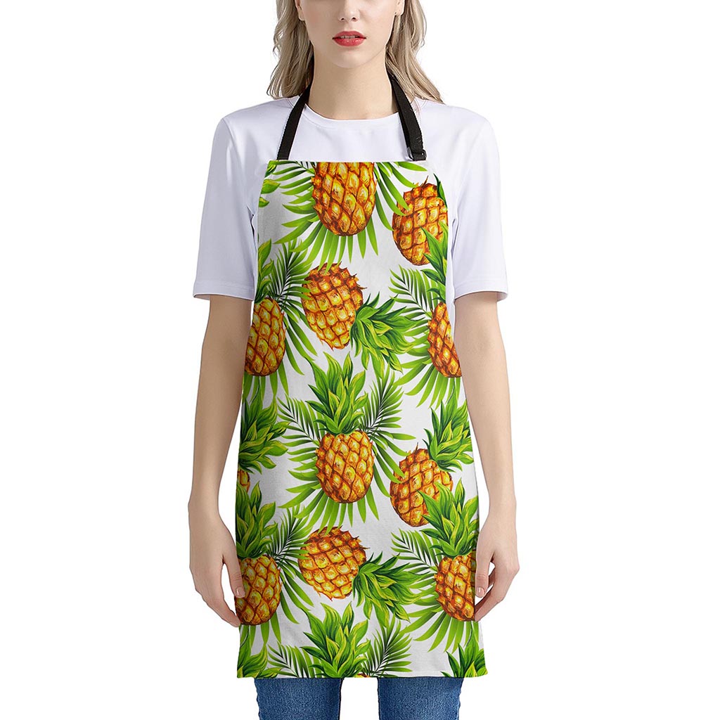 White Tropical Pineapple Pattern Print Apron