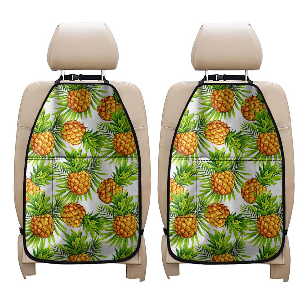 White Tropical Pineapple Pattern Print Car Seat Organizers