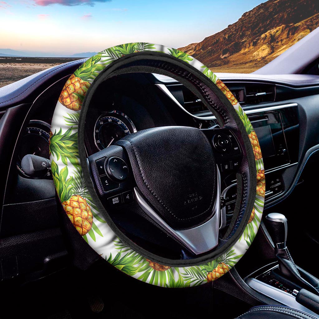 White Tropical Pineapple Pattern Print Car Steering Wheel Cover