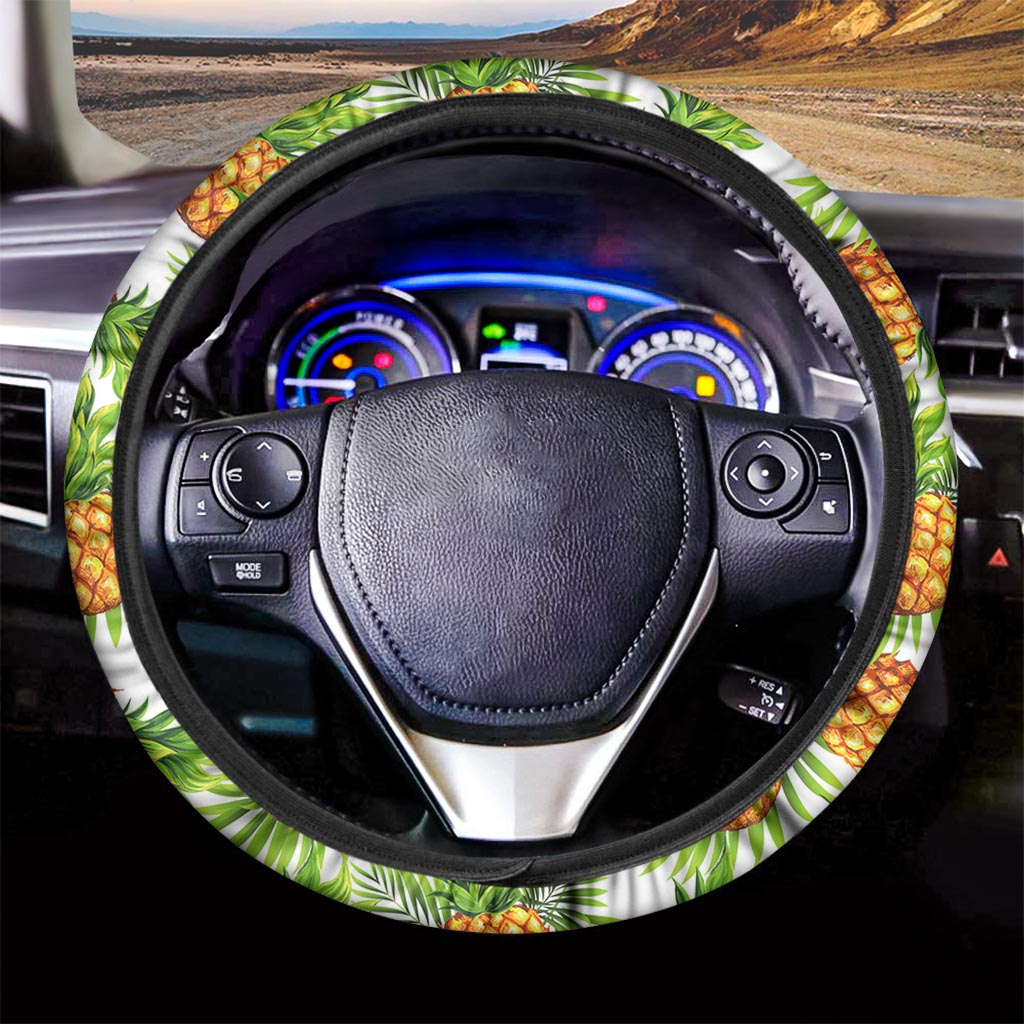 White Tropical Pineapple Pattern Print Car Steering Wheel Cover