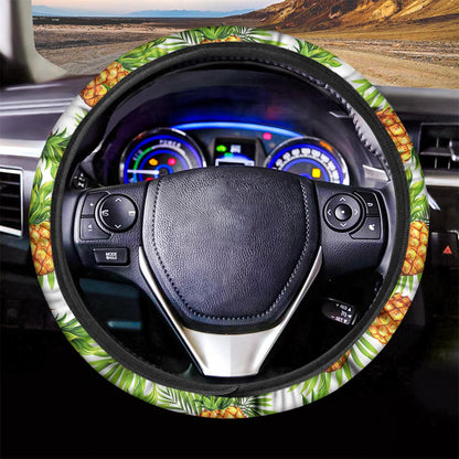White Tropical Pineapple Pattern Print Car Steering Wheel Cover