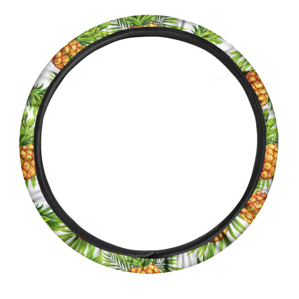 White Tropical Pineapple Pattern Print Car Steering Wheel Cover