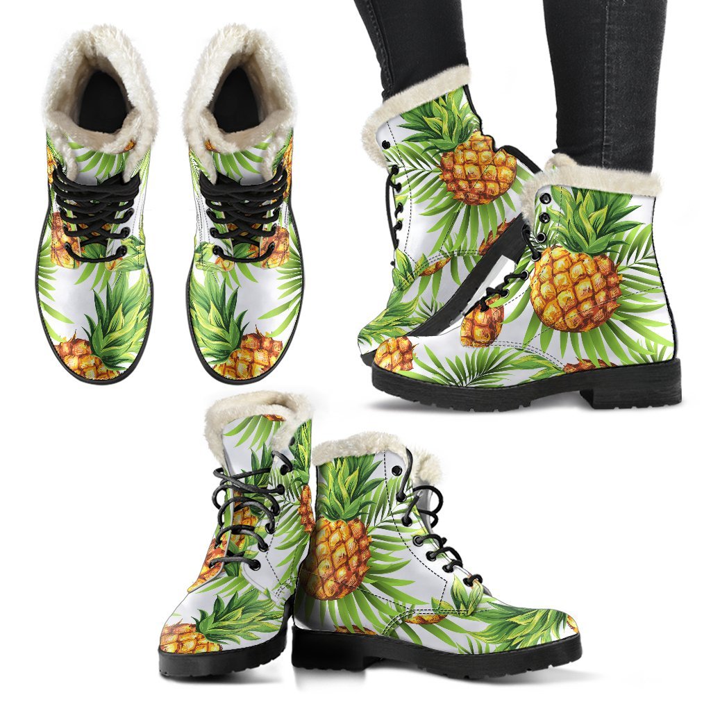 White Tropical Pineapple Pattern Print Comfy Boots GearFrost