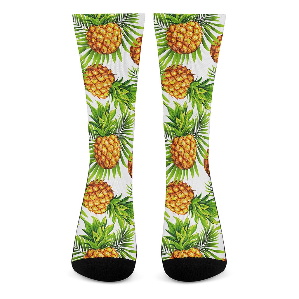White Tropical Pineapple Pattern Print Crew Socks