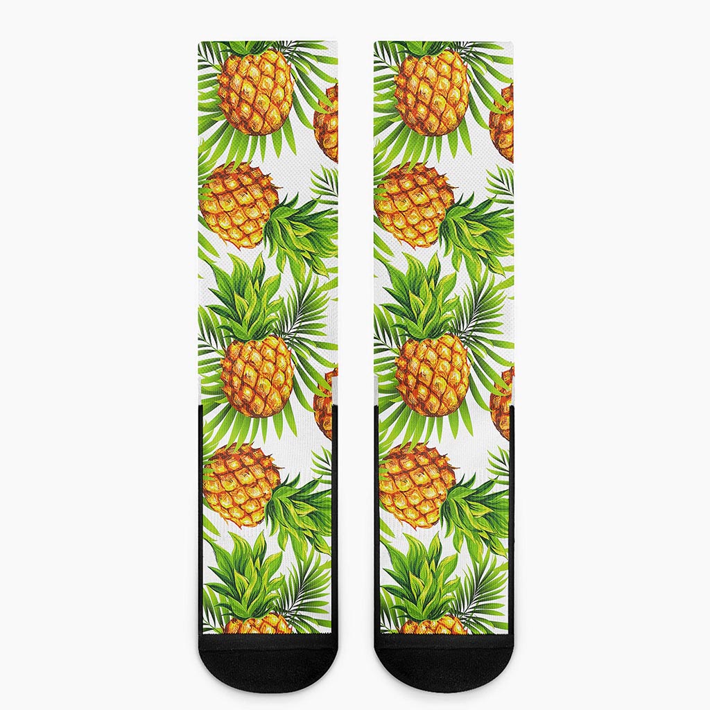 White Tropical Pineapple Pattern Print Crew Socks