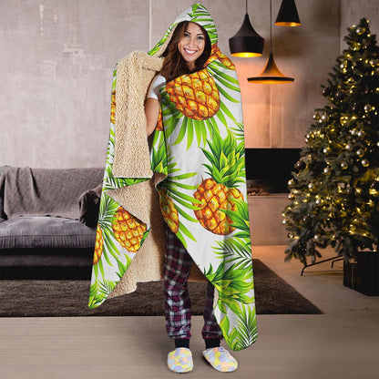 White Tropical Pineapple Pattern Print Hooded Blanket