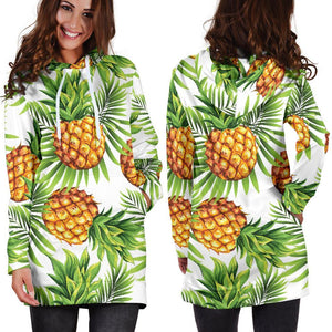 White Tropical Pineapple Pattern Print Hoodie Dress GearFrost