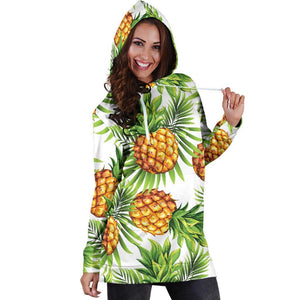 White Tropical Pineapple Pattern Print Hoodie Dress GearFrost