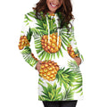 White Tropical Pineapple Pattern Print Pullover Hoodie Dress