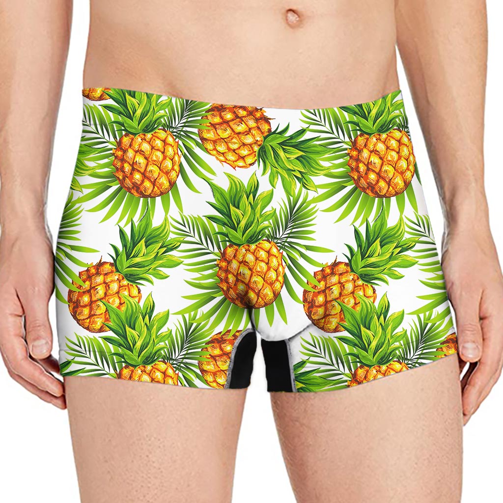 White Tropical Pineapple Pattern Print Men's Boxer Briefs