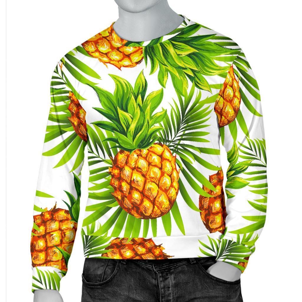 White Tropical Pineapple Pattern Print Men's Crewneck Sweatshirt GearFrost