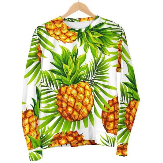 White Tropical Pineapple Pattern Print Men's Crewneck Sweatshirt GearFrost