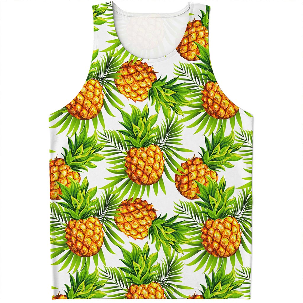 White Tropical Pineapple Pattern Print Men's Tank Top