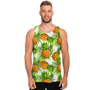 White Tropical Pineapple Pattern Print Men's Tank Top