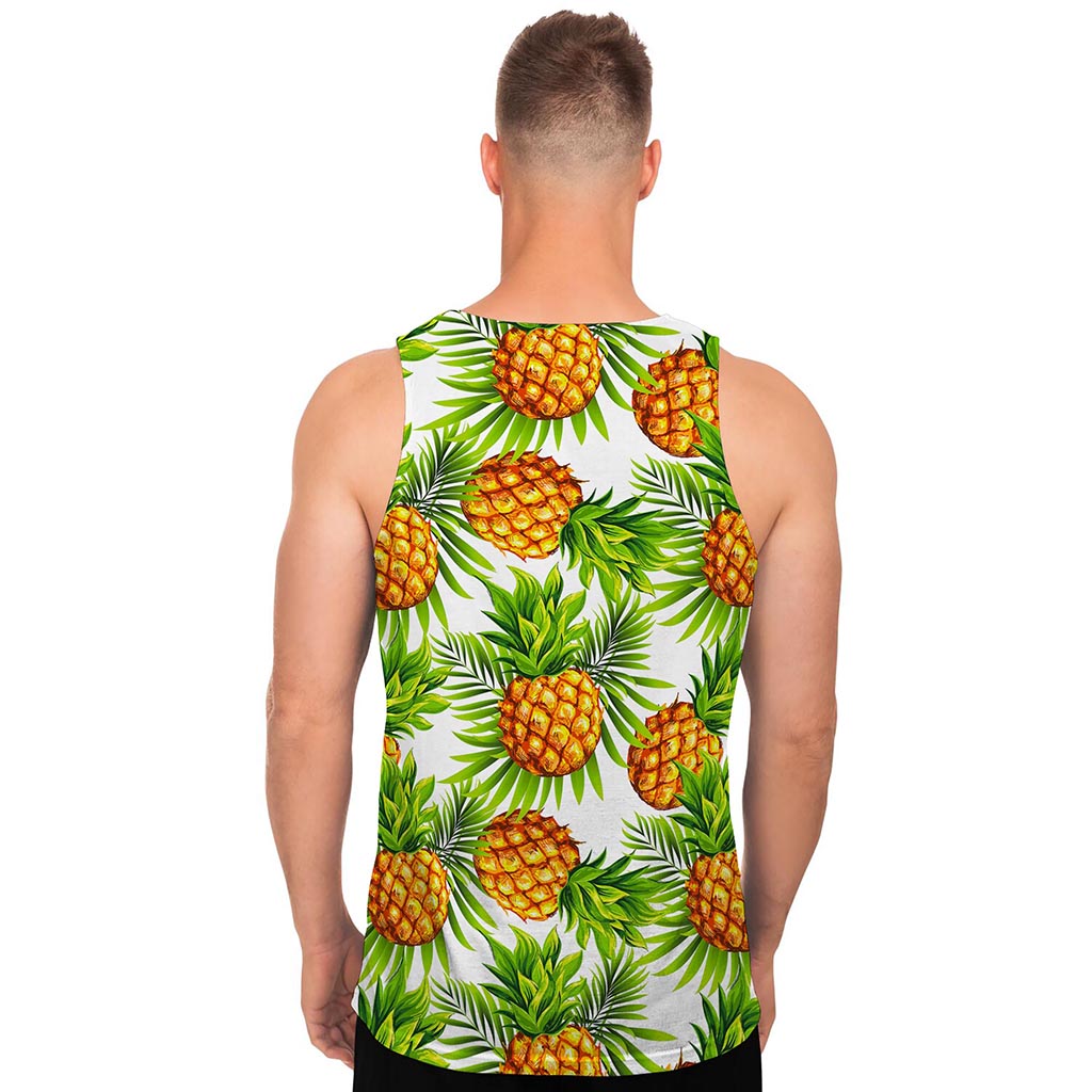 White Tropical Pineapple Pattern Print Men's Tank Top