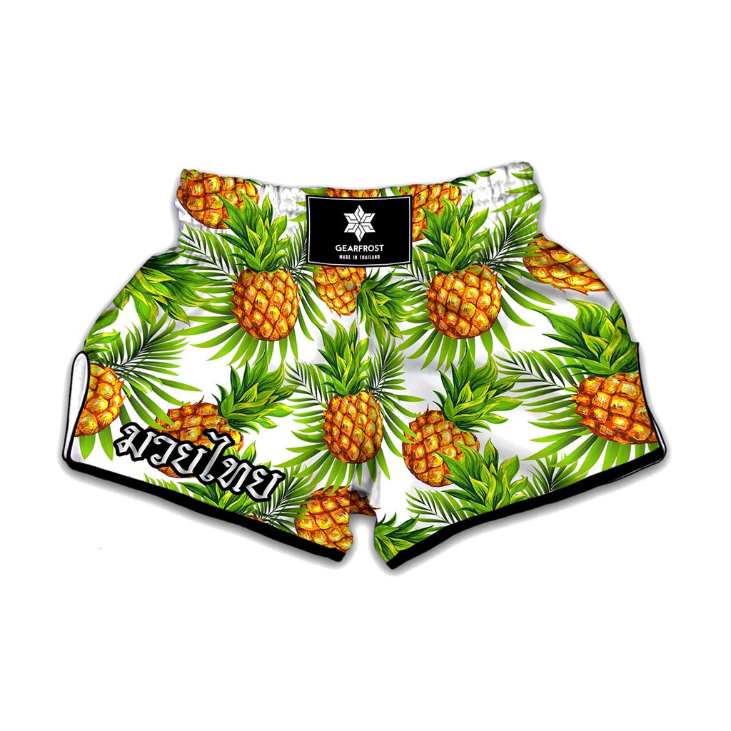 White Tropical Pineapple Pattern Print Muay Thai Boxing Shorts