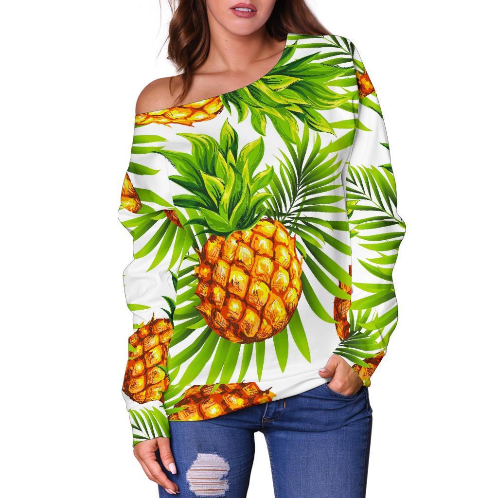 White Tropical Pineapple Pattern Print Off Shoulder Sweatshirt GearFrost