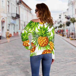 White Tropical Pineapple Pattern Print Off Shoulder Sweatshirt GearFrost